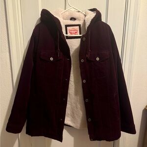 Levi's® The Mia Corduroy Hooded Faux Sherpa Trucker Jacket in Burgundy (Wine)